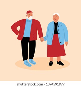 Grandparent standing and holding in hand. Elderly married couple. Old woman and old man. Flat colorful vector illustration