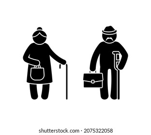 Grandparent stick figure old grandpa and grandma vector illustration set. Grandfather with crutch and briefcase, grandmother with walking cane and shopping bag icon silhouette pictogram