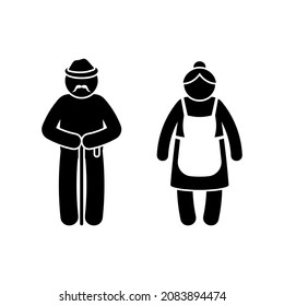 Grandparent stick man old male and lady isolated couple vector illustration set. Grandfather with walking stick wearing hat, grandmother wearing apron icon silhouette pictogram