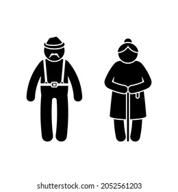 Grandparent Stickman Old Male And Female Vector Illustration Set. Grandfather With Suspenders And Grandmother With Walking Stick Couple Icon Silhouette Pictogram