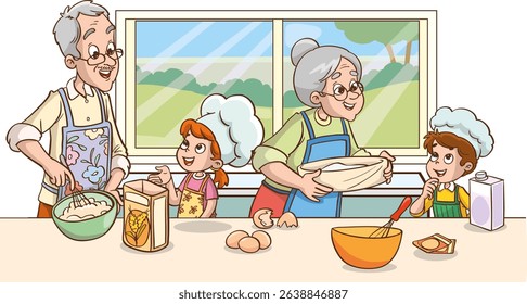 grandparent teaching his grandson how to make a cake.vector illustration