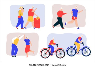 Grandparents active lifestyle scenes set. Vector character illustration of elderly couple travels together, jogging, dancing, riding bicycles. Bundle of recreational sports activity for old people