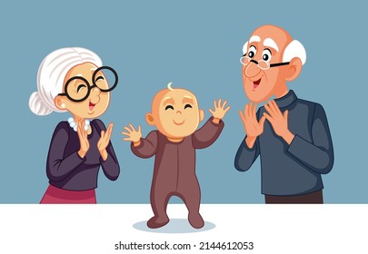 
Grandparents Applauding Grandchild Taking Its First Steps. Grandma and grandpa clapping for infant grandson achievement and progress
