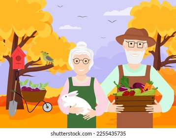 Grandparents in the autumn garden. Harvest. Autumn rural landscape. Vector illustration of nature. For flyers, shops, brochures and covers, advertising, social networks and banners.