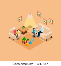 Grandparents Babysitting Playing With Children Home Isometric Banner With Boy And Girl Abstract Vector Illustration 