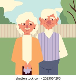 grandparents in backyard cartoon desing