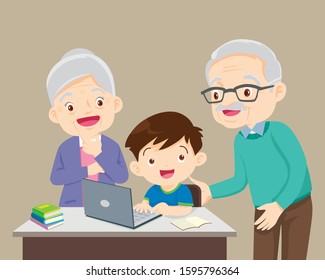 grandparents be happy for something of children Boy using laptop.