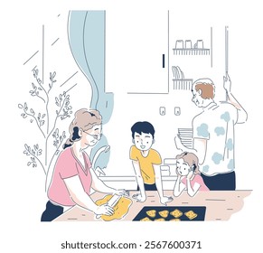 Grandparents with boy and girl. Family in kitchen preparing food. Homemade pastry and bakery. Grandmother and grandfather with boy and girl. Parents and kids. Linear vector illustration