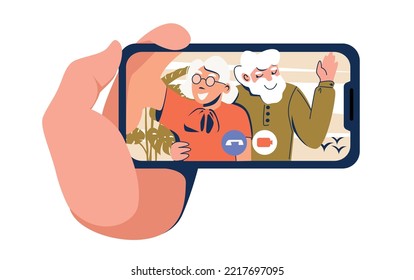 Grandparents are calling from vacation. Older women and man have fun and use mobile. Vector illustration isolated on white background.