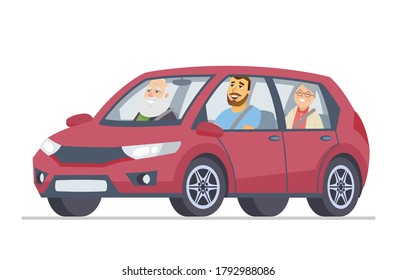 Grandparents in a car - cartoon people character vector illustration on white background. A composition with a man, son or volunteer driving cheerful grandmother and grandfather, senior people