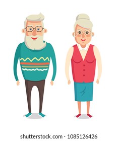 Grandparents cartoon characters, grandma and grandpa. Grandmother and grandfather couple, elderly people in formal wear isolated on white background,