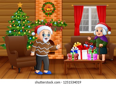 Grandparents is celebrating a christmas in the living room
