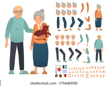 Grandparents characters constructor. Creation kit with different facial emotions, hand gestures and accessories. Grandmother and grandfather custom animation set vector illustration