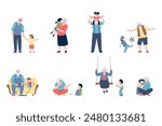 Grandparents characters. Grandfather and grandmother spend time with grandchildren. Family activities, hugs play with ball and video games, recent vector set