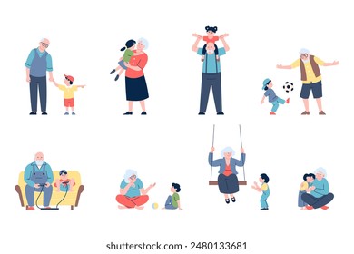 Grandparents characters. Grandfather and grandmother spend time with grandchildren. Family activities, hugs play with ball and video games, recent vector set