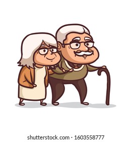 Grandparents characters illustration. Grandparents are together forever in love. Happy Grandparents day. Elderly couple. Happy people. Vector illustration in cartoon style.  