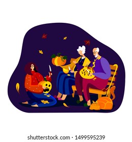 Grandparents and child cutting pumpkin with comical faces. Old people sitting on a bench having fun in a halloween atmosphere. Family cosy atmosphere. Happy laughing relatives in the autumn garden