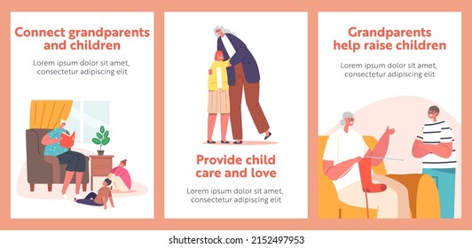 Grandparents With Children Banners. Grandmother Reading Book, Knit Socks And Hugging With Grandchildren. Happy Family Characters Loving Relations, Togetherness. Cartoon People Vector Posters Set