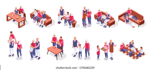 Grandparents with children color set of friendly family members spending time together isometric compositions vector illustration