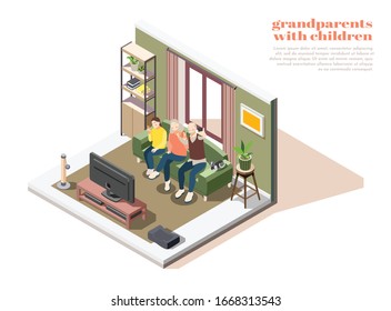 Grandparents with children composition of two elderly people and young girl taking selfies together isometric vector illustration