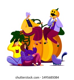 Grandparents and children harvesting pumpkin. Old people sitting on a big squash having fun with a halloween mask. Family cosy atmosphere. Happy laughing relatives in the autumn garden. Flat illustrat