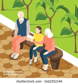 Grandparents with children isometric background with grandmother grandfather and granddaughter eating ice cream on park bench vector illustration