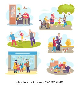 Grandparents with children set, vector illustrations. Happy childhood concept, retired people charcater spend leisure time with girl boy kids