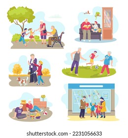 Grandparents with children set, vector illustrations. Happy childhood concept, retired people charcater spend leisure time with girl boy kids