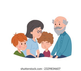 Grandparents with children spending time together flat style, vector illustration isolated on white background. Happy family, kid boys, smiling characters. Decorative design element, relatives