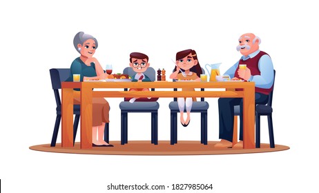 Grandparents with children at table, family celebrating holidays together. Vector grandson and granddaughter sitting at chairs and enjoying meal with grandma and grandpa, old and young generation