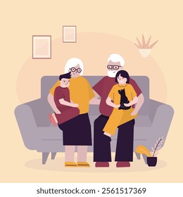 Grandparents and children together. Grandchildren sitting with grandfather and grandmother on sofa. Family portrait. Elderly people hugging with small girl and boy. Living room interior. flat vector