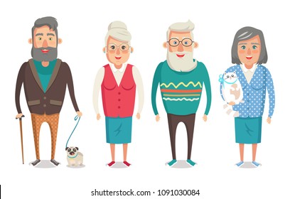 Grandparents collection, granny holding kitty, granddad with stick walking dog, grandma and grandpa standing calmly, isolated on vector illustration