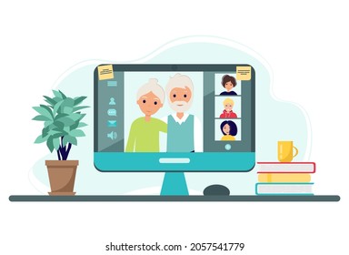 Grandparents communicate via video chat with their loved ones. Family meeting online. Vector illustration in flat style