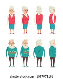 Grandparents constructor grandfather and grandmother from front side and back view vector illustration of senior mature people isolated on white background