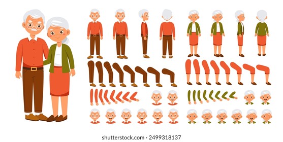 Grandparents constructor set. Happy old man and woman hugging. Pack of legs, hands and faces for creating animation. Love, care and support. Flat vector collection isolated on white background