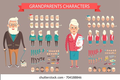 Grandparents constructor vector illustration. Create your own grandmother with pussy cat or grandfather with dog from parts of body, faces and hairstyle
