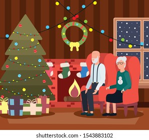 grandparents couple celebrating christmas in livingroom with tree vector illustration