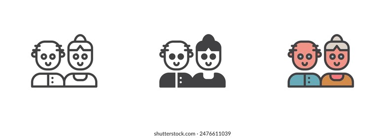 Grandparents couple different style icon set. Line, glyph and filled outline colorful version, outline and filled vector sign. Elderly people symbol, logo illustration. Vector graphics