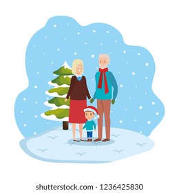 grandparents couple with grandson in snowscape