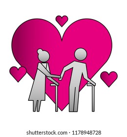 grandparents couple with hearts silhouettes