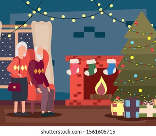 grandparents couple in house place with christmas decoration vector illustration