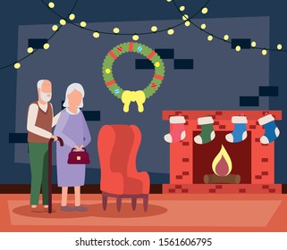 grandparents couple in house place with christmas decoration vector illustration