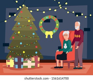 grandparents couple in house place with christmas decoration vector illustration