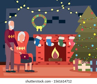 grandparents couple in house place with christmas decoration vector illustration