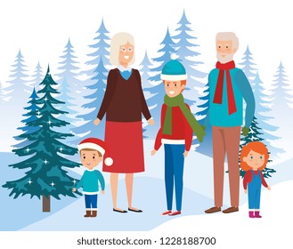 grandparents couple with kids in the field