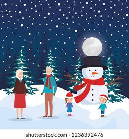 grandparents couple with kids and snowman in snowscape