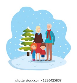 grandparents couple with kids in snowscape
