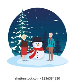 grandparents couple with snowman in snowscape