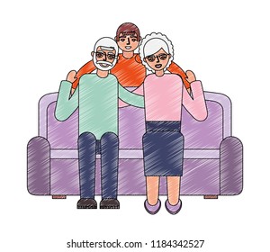 grandparents couple in the sofa with grandson