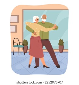 Grandparents at dancing classes, elderly man and woman leading active lifestyle. Senior characters spending weekends, entertainment and fun. Vector old people in flat style